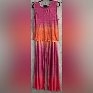 Bailey/44 Orange Pink Ombré Pleated Tee And Bell Flare Pant Suit Set Sz Large